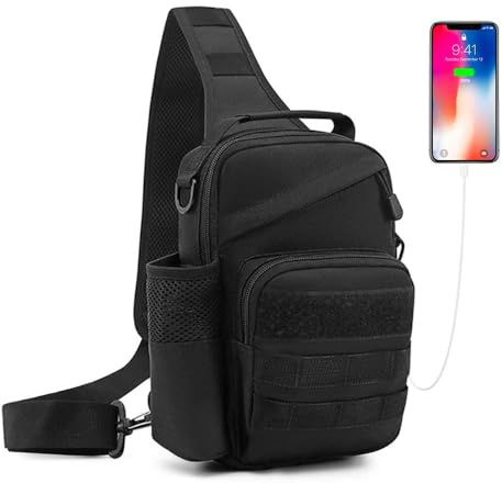 HUNTVP Bröstväska taktisk Molle-väska för män, axelväska, axelväska med handtag och USB-port, för vandring, träning, utomhus, camping, vandring