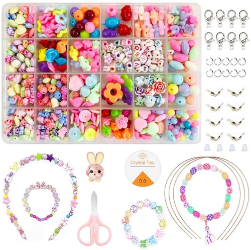 VAIYNWOM Perlen zum Auffädeln Kinder, Bastelset Schmuck DIY Basteln Schnurset Armbänder Halsketten Kunsthandwerks Geschenk Set für Mädchen Kinder 5 6 7+ Jahre, 24 Zellen, Mix and Match-Stil