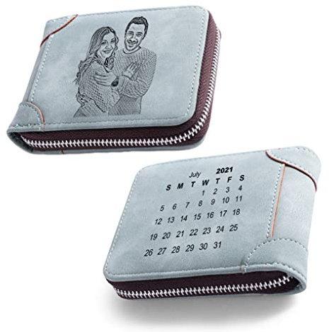 Personalisiert Damen Leder Geldbörse mit Foto & Kalender Gravierter Hellblau Geldbeutel Portemonnaie mit Kartenfächer Reißverschluss für Frauen Mutter Geburtstag Weihnachts Geschenk (Hellblau-kurz)