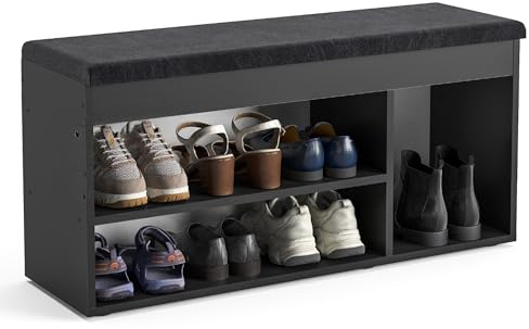 KOMTO Schuhbank mit Sitzfläche - Schuhregal Bank mit Stauraum Schwarz 100 x 48 x 32 cm Schuhschrank mit Sitzbank Flur Bank Garderobenbank Sofia