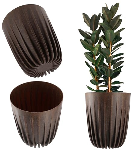 KADAX Blomkruka av plast med naturmaterial, moderna planteringskrukor, växtkruka med geometriskt mönster, rund blomkruka med insats, naturlig blomkruka, hög kruka (Ø 14,5 cm, espresso)