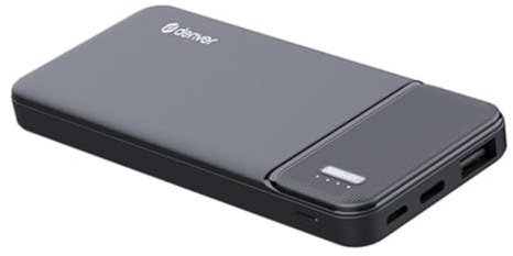 Denver PBS-5007 Powerbank mit 5000 mAh Lithium-Polymer-Akku, Anschlüsse: MicroUSB, USB-C und USB-A.