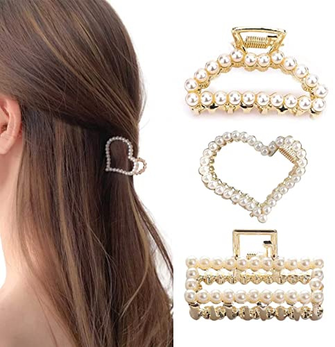 Pinzas para el pelo pequeñas con perlas de cristal, pinzas para el pelo, metal dorado, forma de corazón, pinzas para el cabello para mujeres y niñas (3 unidades)