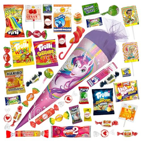 OYOY 35cm Schultüte gefüllt mit Süßigkeiten Mix I ROTH Schultüte Einhorn I kleine Schultüte fertig gefüllt I Geschwister Schultüte I Zuckertüte klein I Einschulung Geschenk