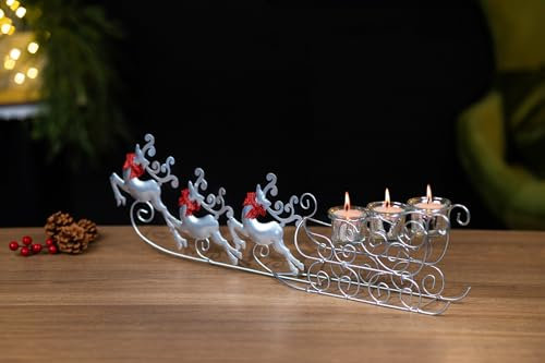 Marco Paul Silver Sleigh Reindeer Xmas Decoration Glass Tealight Holder - Christmas Table Centrepiece - Tea Light Candle Holders Tea Light & Votive Candle Holders - Stag Christmas Table Decoration