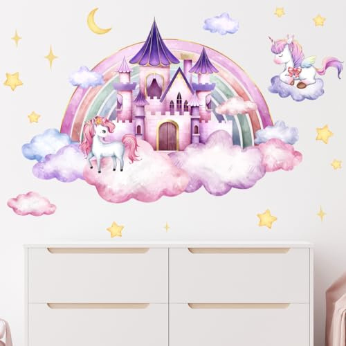 COVPAW Wandtattoo Regenbogen Schloss Einhorn Wandaufkleber Blumen Wolken Schmetterlinge Mädchen Wandsticker Wanddeko für Mädchenzimmer Kinderzimmer Babyzimmer (Regenbogen Einhorn Schloss)