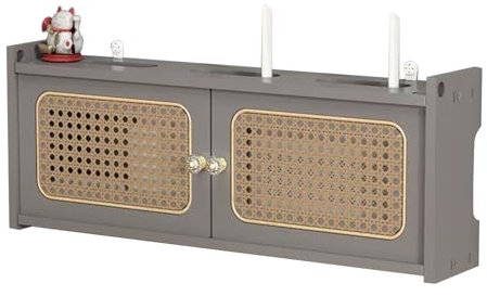 GQMYCDM Holz Router Regal, Wandmontage, WLAN Router, Aufbewahrungsbox, Massivholz Rattan, Gewebte Tür, Stromkabel Management und Organisation, Rack-Box für Büro und Zuhause(Color:Grau,Size:60cm/24in)