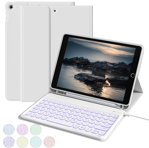 aoub Tastatur Hülle für iPad 9./8./7. Generation 10,2 Zoll 2021/2020/2019 | Kabellose QWERTZ Tastatur Hülle mit Stifthalter für iPad 10,2 9/8/7 Gen, 7 Farben Beleuchtung, Grau