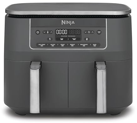 Ninja Dual Zone Digital Air Fryer, 2 Schubladen, 6-in-1, Heißluftfritteuse ohne Öl, 7,6L, Heißluft-Frittieren, Max Crisp, Rösten, Backen, Aufwärmen, Spülmaschinenfeste Körbe, Metallic Grau DZ300EU