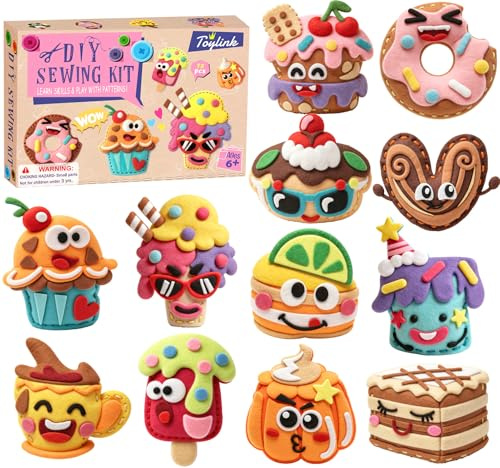 Kit de Costura para Niños 6-8 Años, Kit Manualidades Niñas 12 DIY Fieltro de Postre Juegos & Hilo Bordar & Agujas Coser, Creativa Actividad Costura Juguetes Regalo Niñas 5 6 7 8 9 Años (Postre 1)