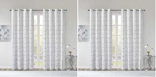 Intelligent Design Raina Total Blackout Metallic Print Grommet Top Single Curtain Panel Thermal Insulated Light Blocking Drape for Bedroom Living Room and Dorm, 50x84, White/Silver 1 Piece (Pack of 2)
