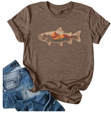 Anbech Womens Fish Graphic T-Shirts Summer Casual Tshirt Mountain Star Fisherman Art Print Trendy Tee Tops