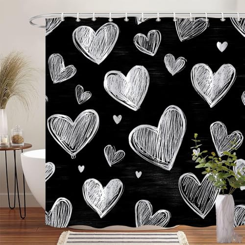 AJALGZ Alla hjärtans dag duschdraperi - elegant svartvitt hjärtmönster med handritade hjärtan, badrumsfönstergardin (180 x 210 cm // B x höjd)