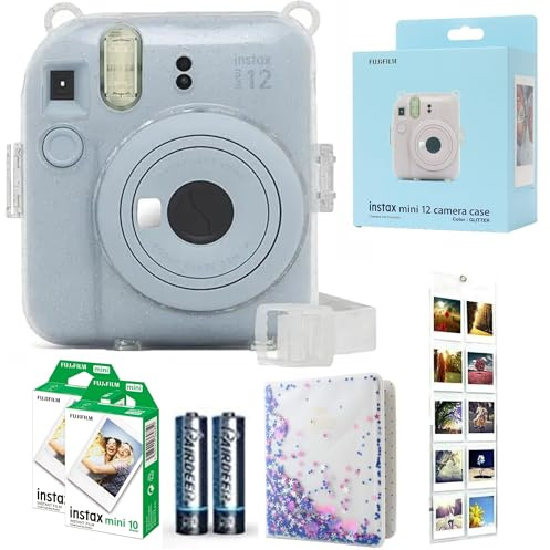 Fujifilm INSTAX Mini 12 Camera Pastel Blue id Bundle – Includes Mini 12 Blue Camera, 20-Shot INSTAX Mini Film, Clear Glitter Camera Case, Photo Album & Hanging Wall Photo Display