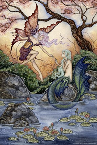 Fairy Decor The Introduction Fairies In Pond by Amy Brown Fantasy Drawing Poster Winged Water Fairy Meeting Mermaid Magical Cool Wall Art Print Poster 24x36