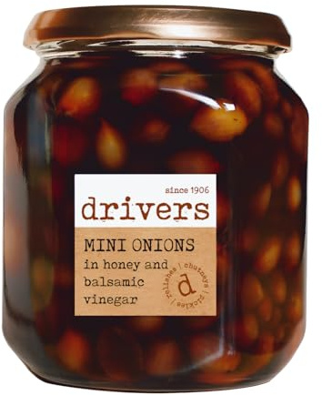 Drivers Mini Onions in Honey and Balsamic Vinegar - Mini Silverskin Onions Sticky Honey Flavour Traditional Driver's Recipe Picklers Since 1906 Gluten-Free Suitable for Vegetarians - 550 g Jar
