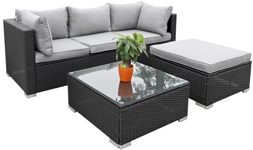 Enjoy Fit Polyrattan Lounge Sitzgruppe Gartenmöbel-Set Poly Rattan Garnitur 3 Sitzplätze, Rattan: schwarz/Bezüge: grau