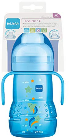 MAM Trainer+ (220 ml), Trinklernflasche für den Übergang zum Becher, auslaufsicherer Trinklernbecher mit tropffreiem Sauger, Trinkschnabel & Haltegriff, 4+ Monate, blau, 6283821120, blau-rakete