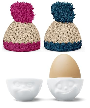 Colour-up Eierbecher Porzellan 2er Set GLÜCKLICH & HMPFF! mit 2 Mützen - Fiftyeight Products