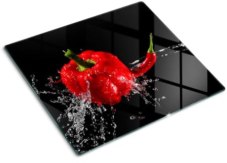 Tagliere in Vetro Temperato 60x52 cm Durevole e Igienico Antigraffio Facile da Pulire con Piedini Antiscivolo Rettangolare Resistente al Calore da Cucina con Stampe - Pepe rosso