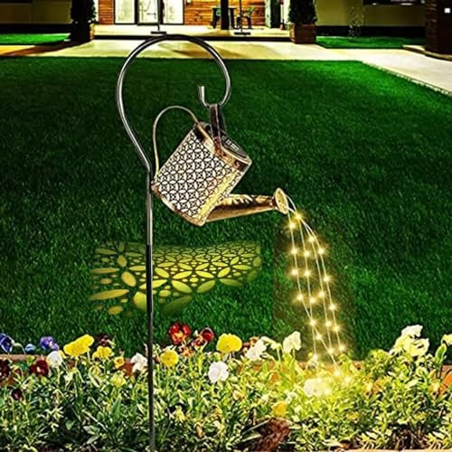 Solar Watering Can Lights, LED Solar Lantern String Light Outdoor Garden Waterproof Hollowed-Out Retro Metal Water Can Lights, for Garden Patio Yard Pathway Lantern Plant Decoration(with Bracket)