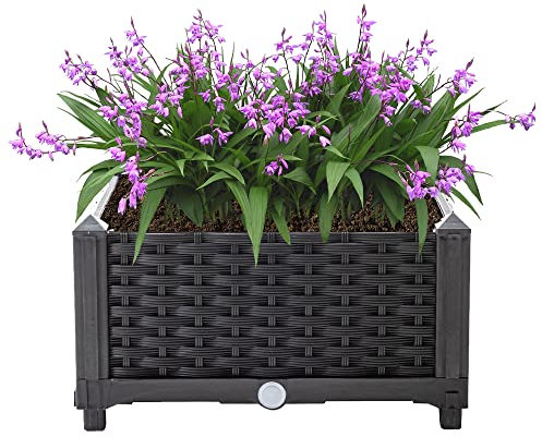 Mingone Blumenkübel Rattan Optik Blumenkasten mit Rankgitter Hochbeet mit Spalier Rankkasten mit Selbstbewässerung für Gärten Hof Balkon(Schwarz 40x40x23cm)