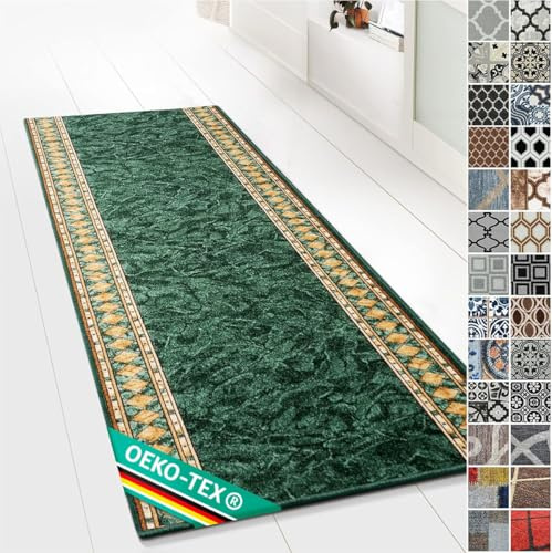 KARAT Moderner Wohnteppich mit Muster - maßgefertigter Teppichläufer - Meterware - Teppich Läufer für Küche, Flur & Wohnraum - Flurteppich - Küchenläufer (80 x 200 cm, Rügen Grün)