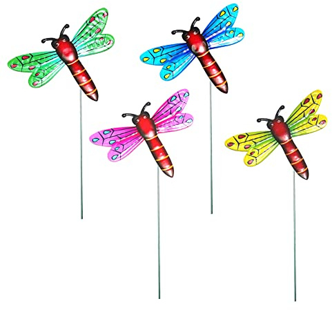 4 Stücke Metall Blume/Libelle/Schmetterling/Biene/Hahn/Vogel Gartenstecker Gartendeko Bunte Metall Blumenstecker Dekorative Gartenpfähle Metall Blumen Garten Dekoration für Outdoor Rasen Hof Set 4