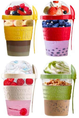 4 alla återanvändbara yoghurtkrukor 600 ml med sked flingförvaringsbehållare med lock lufttät över natten havre burk BPA-fri frukostkopp flingor på språng diskmaskinssäker paket med 4