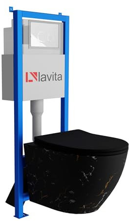 Lavita LAV 101 Vorwandelement für WC 40cm + Wand Hänge Tiefspül WC SOFI SLIM FIRE Schwarz Spülrandlos + Bedienplatte LAV 200.4.1 Weiß | Komplettset | Unterputz Spülkasten | Toilette Komplett Sett