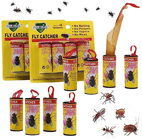 BTORER 16Pcs Fliegenfänger, Fliegenfänger-Rollen, Premium Ungiftiger Fliegenvernichter Gegen Fruchtfliegen Fliegen Mücken und Motten, Fliegenfalle Klebestreifen für Innen und Außen