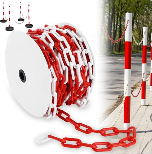 APACALI 25M Absperrkette Rot Weiß Kunststoff, 8mm Warnkette Plastikkett, Kunststoffkette zum Absperren, Kunststoff Absperrkette von Flächen, Gut Sichtbar, Stabil und Handlich