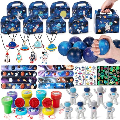 Toyssa Weltraum Mitgebsel Kindergeburtstag Streßball Stempel Geschenkbox Raketen Schlüsselanhänger Halskette Kinder Tattoo Schnapparmband Weltraum Galaxy Raketen Party Mitgebsel Junge Gastgeschenke
