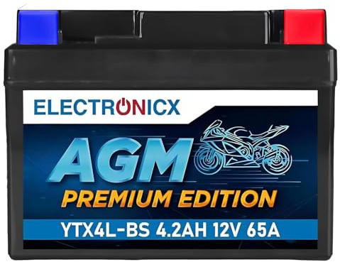 Electronicx AGM Premium Edition YTX4L-BS 12V 4,2Ah 50A Motorradbatterie - wartungsfreie, versiegelte, kompakte, vibrationsfeste Starterbatterie - Ideal für Roller, Quad, Mofa, Motorrad und ATV