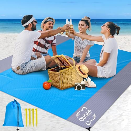 OUGEP Tapis de Plage Imperméable, Couverture de Plage Large Anti Sable Drap de Plage pour Plage, Camping, Picnic, Parc, Voyage ect Les Èvénements en Extérieur (Bleu/Gris, 280 x 300cm)