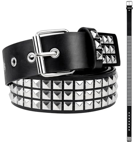 gexuamz Cintura Punk con Borchie per Uomo e Donna, 115 cm Cintura in Pelle Sintetica Nera con Doppia Asola e Borchie a Piramide, Stile Rock Gotico Y2K Accessorio Moda per Jeans e Vestiti