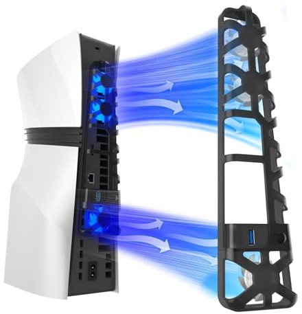 NANANINO PS5 Pro Cooling Fan with USB Port, Triple High-Speed Fans for Efficient Heat Dissipation, Adjustable Speed Modes, Blue LED Lights, Quiet Operation for PlayStation 5 Pro Console | PS5 Pro cooling fan has triple rear fans, low, medium, high and off modes, plus a USB output port and LED operating light