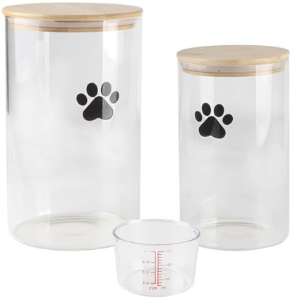 Geyecete Set of 2 Glass Dog Treat Box, 4L+2L Dog Cats Food Container with Wood Lid, Sealed Food Storage for Dogs and Cats