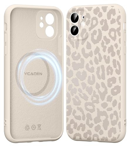 Saqmkil Handyhülle für iPhone 12 Hülle für Magsafe mit Leopard Muster | Aesthetic Beige Leo Motiv Mädchen Design Magnetische Case, Weich Flüssigem Silikon Stoßfeste Schutzhülle Cover 6,1