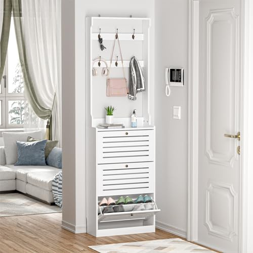 Skokliz Shoe Cabinet with Coat Rack, Tall White Shoe Storage Cabinet with 3 Flip Drawers, Wood Large Shoe Rack Organizer Cabinet for Hallway, Entryway
