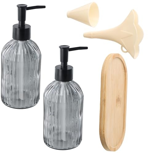 Culinavog 2 Distributeurs de Savon, Flacon Pompe Vide en Verre 400ml avec Plateau en Bambou et Entonnoir, Contenant Liquide Vaisselle Rechargeables pour Cuisine, Salle de Bain, Lotion, Gel Douche