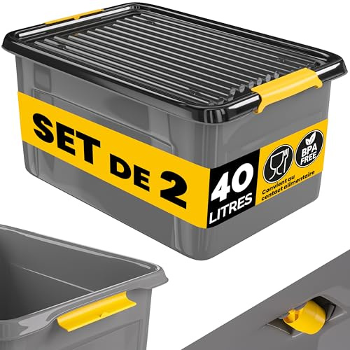 Monzana® 2x Aufbewahrungsbox 40L mit Deckel 40kg belastbar Kunststoff BPA frei Klickverschluss stabil flexibel stapelbar blickdicht Keller Garage Box