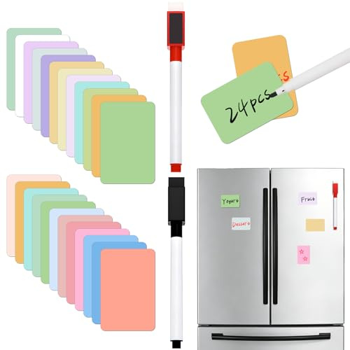 24 Stück Magnetische Etiketten zum Abwischen VEINARDYL 5,8 x 4,1 cm Wiederverwendbare Magnet-Namensschilder mit 2 Stiften Farbige magnetische Haftnotizen für Whiteboard, Kühlschrank, Schülerspind