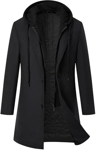 Lång termisk quiltad huvtröja trenchcoat smal passform tjock vinter vindtät ärtrock enkelknäppt ytterrock, Svart, S