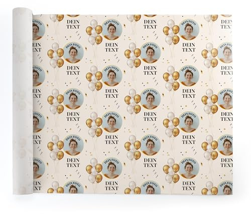 Geschenkpapier personalisiert – zu Geburtstag, Weihnachten, Hochzeit selbst gestalten – mit Foto und Name – Rolle: 47 cm breit, ab 1 m lang – (Motiv 3 - Luftballons)