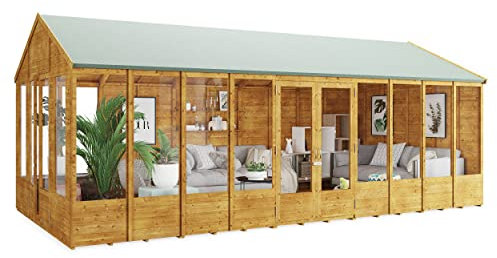 BillyOh Tessa 20x10 Log Cabin Summer House Shed – Spray Treated Wooden Garden Room with Dual Entrance, Wide Double Doors, Tongue and Groove Construction | Versatile Tiny Home for Garden Office