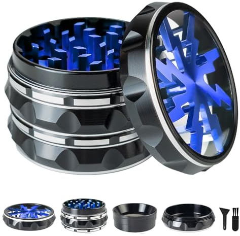 Clear Top Herb Grinder Metal Large 2.5'' Large 4-Part, Aluminum Alloy Spice Grinder with Pollen Catcher (Black Blue)
