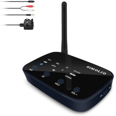 SIMOLIO Bluetooth Empfänger für Stereoanlage, Bluetooth 5.0 Receiver HiFi mit Cinch/3,5mm AUX/optische, Unterstützt aptX HD & aptX Low Latency, Bis zu 197 Fuß Lange Reichweite