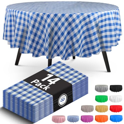 14 Pack Premium Checkered Blue Plastic Tablecloth - 84 x 84 in. Round Disposable Table Cover - Decorative Smooth Table Cloth for Parties