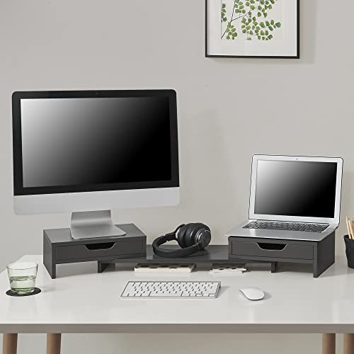 [en.casa] Monitorständer Marttila mit 2 Schubladen Monitorerhöhung 60x22x11cm Bildschirmerhöhung für Laptop Computer Notebook Dunkelgrau